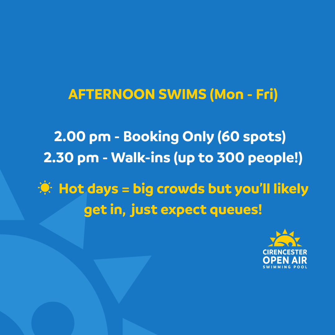 Afternoon swims (Mon- Fri) – limited bookable slots + drop-ins at 2.30pm