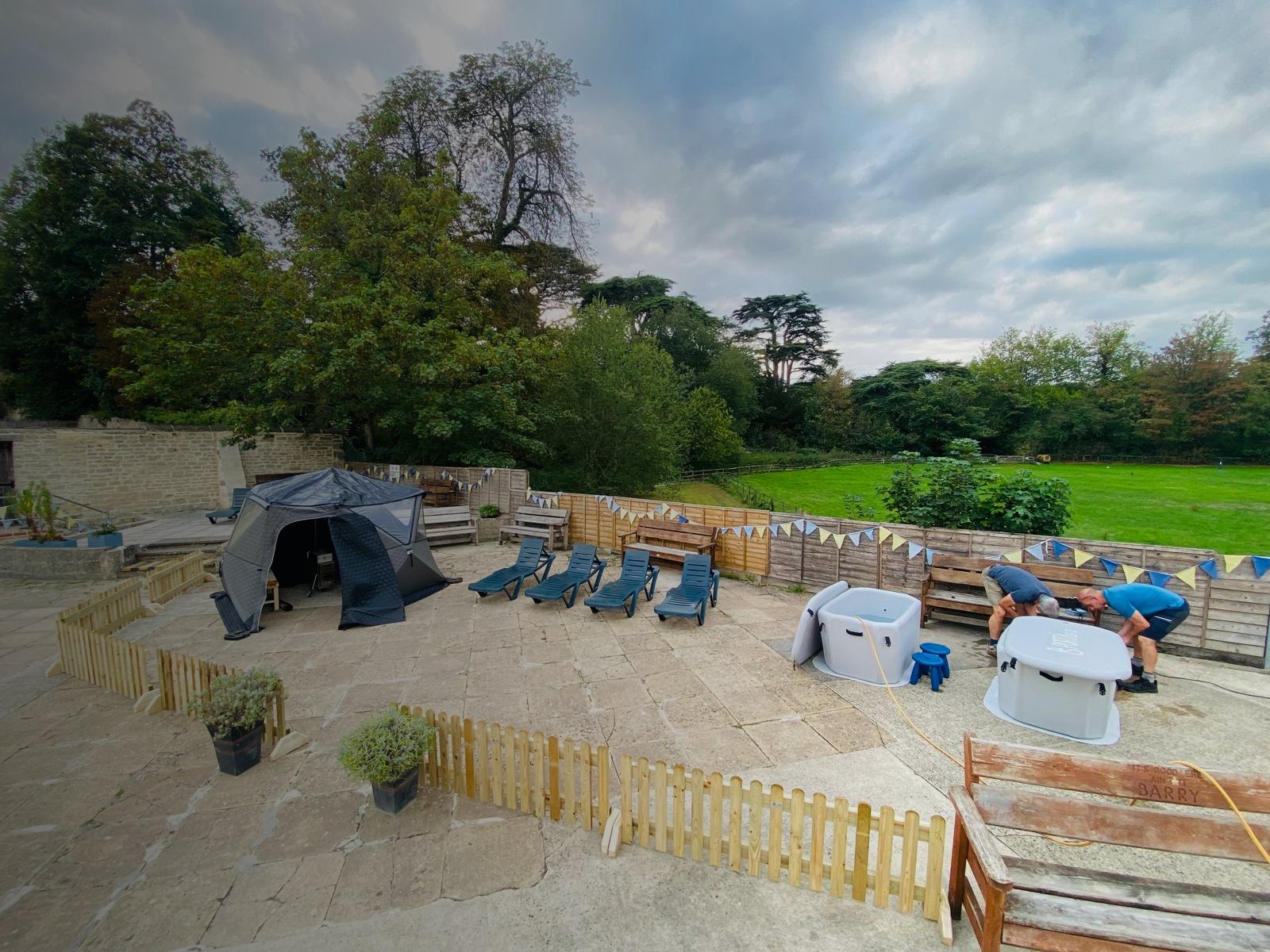 The sauna, plunge pools and sun loungers on the poolside terrace